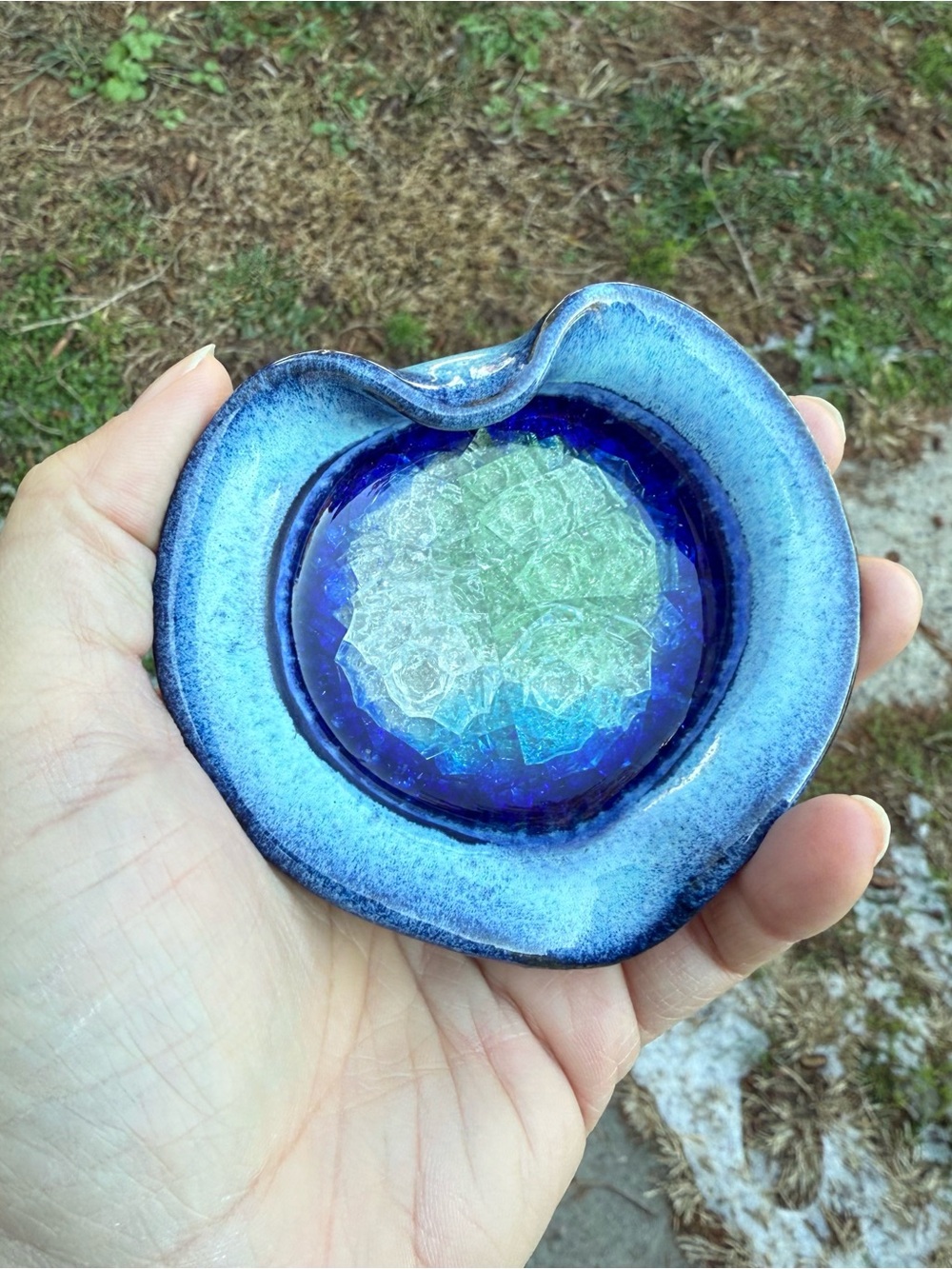 Vintage Made In The USA Fused Crackle Glass Heart Trinket Dish Ashtray 3.5”